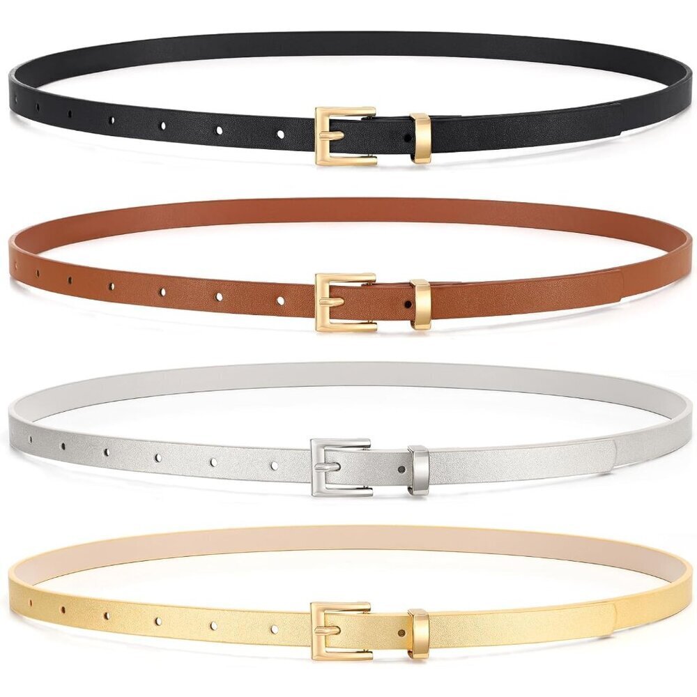 Women Skinny Leather Belt Set of 4 Thin Waist Belts with Metal Buckle for Pants